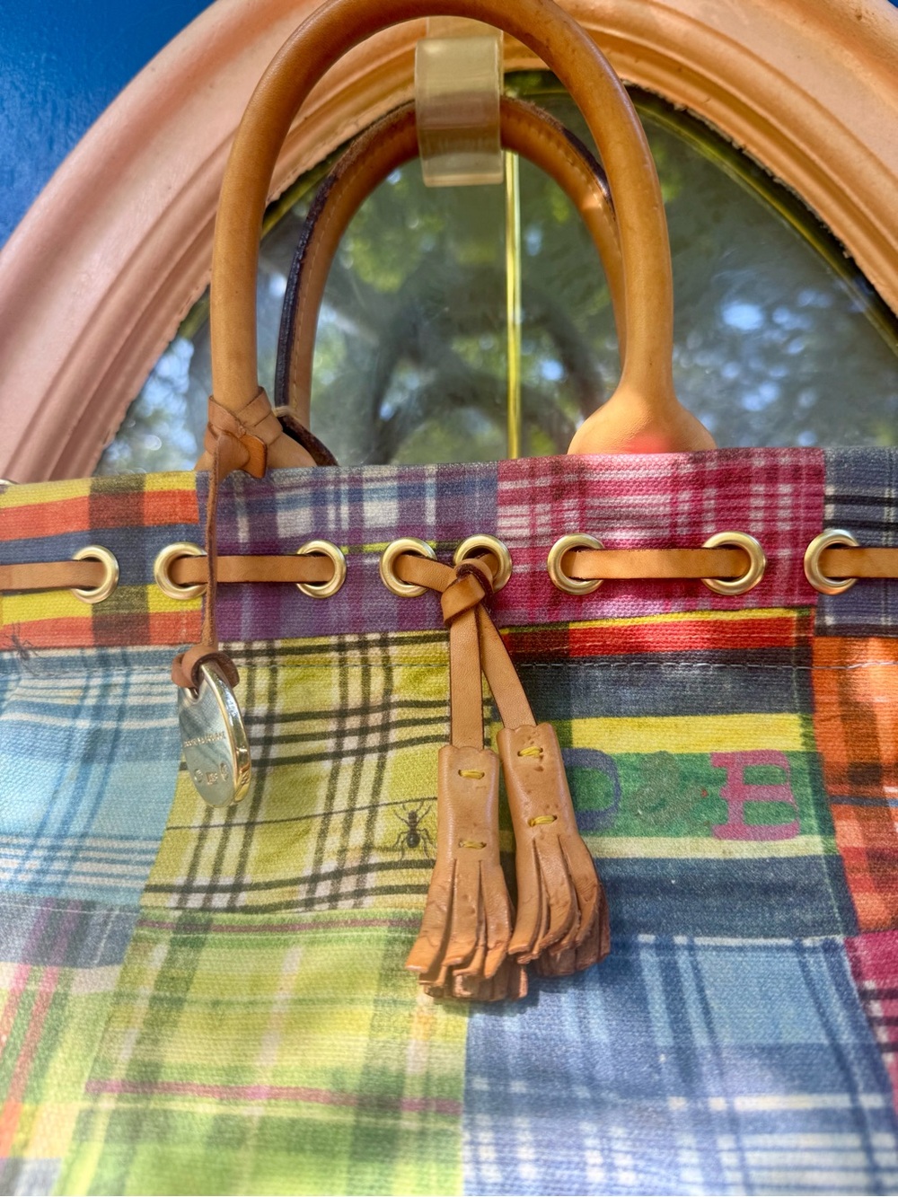 Dooney & Bourke Multi-Color Plaid Tote with Leather Tassel Handles